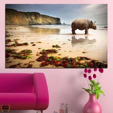 Картина пано за стена от 1 част с екзотичен морски пейзаж и носорог – HD-005-1