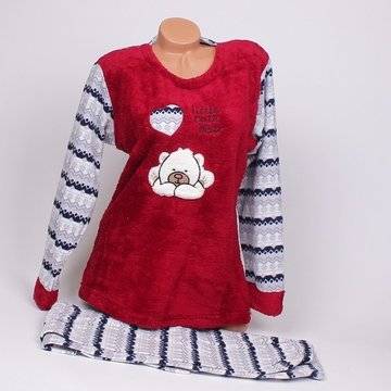 Макси зимна мека пижама в бордо със сиво и синьо и апликация – мече