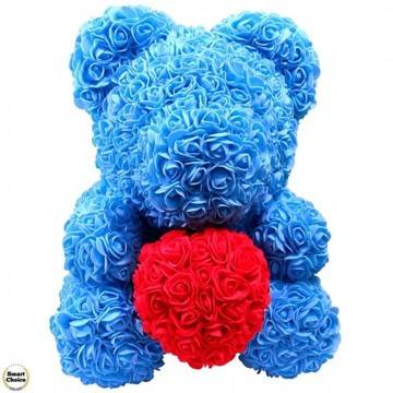 Ръчно изработено мече от рози в синьо с червено сърце 37 см