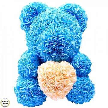 Ръчно изработено мече от рози в синьо със жълто сърце 37 см