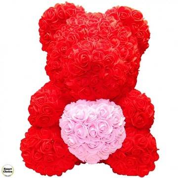 Ръчно изработено мече от рози в червено с розово сърце 37 см