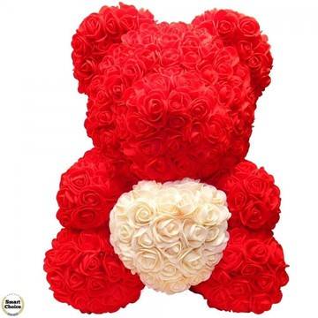 Ръчно изработено мече от рози в червено със жълто сърце 37 см