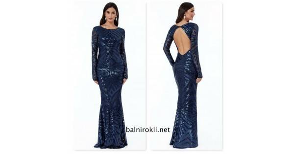 Блестяща Тъмносиня Официална Рокля Гол Гръб Ръкави