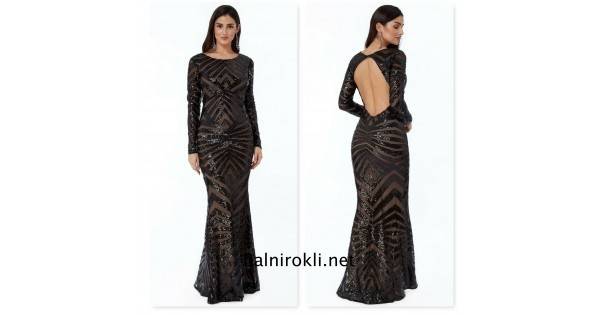 Блестяща Черна Официална Рокля Гол Гръб Ръкави