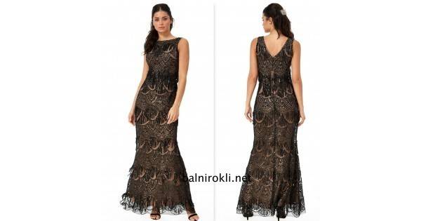 Блестяща Официална Черна Рокля Ресни и Пайети