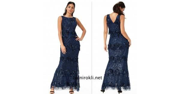 Блестяща Официална Тъмносиня Рокля Ресни и Пайети