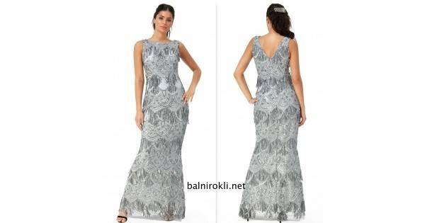 Блестяща Официална Сребриста Рокля Пайети Ресни