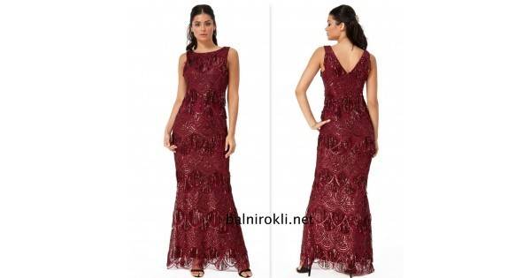 Блестяща Официална Тъмночервена Рокля Пайети Ресни