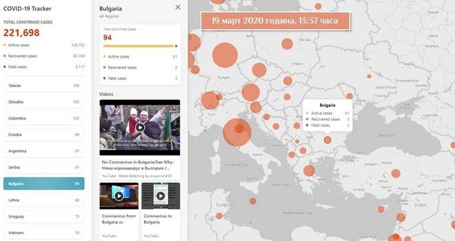 Интерактивна карта на разпространение на коронавируса (от Bing)
