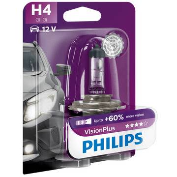 Халогенна крушка за фар Philips H4 Vision Plus, +60%, 12V, 55W, 1 брой