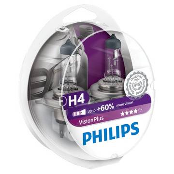 Комплект 2 халогенни крушки Philips H4 Vision Plus, +60%, 12V, 55W