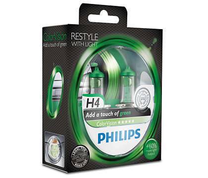 Комплект 2 халогенни крушки за фар Philips H4 Color Vision Green 12V, 55W