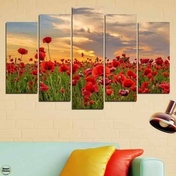 Декоративно пано за стена от 5 части – Поле с макове при залез – HD-970