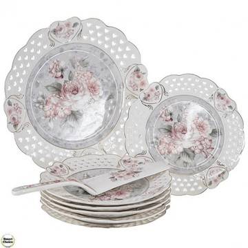 Керамичен сервиз за торта 8 части – Цветна дантела с рози. Модел: 76-8728