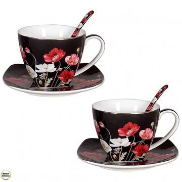 Комплект 2 порцеланови чаши 220 мл с чинийки и лъжички – „Макове“. Модел 79-8491
