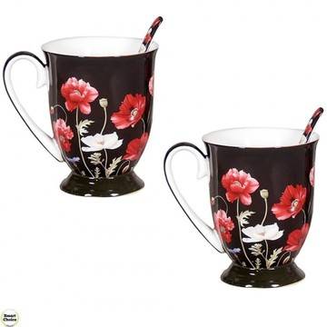 Комплект 2 порцеланови чаши 280 мл с лъжички – „Макове“. Модел 79-8495