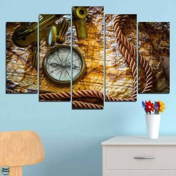 Декоративно пано за стена от 5 части с географска карта и компас – HD-045