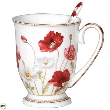 Порцеланова чаша с лъжичка 280 мл. – бели „Макове“. Модел 76-8482