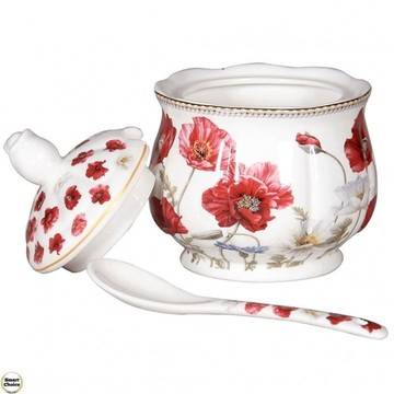 Порцеланова захарница с лъжичка – бели „Макове“. Модел 76-8485
