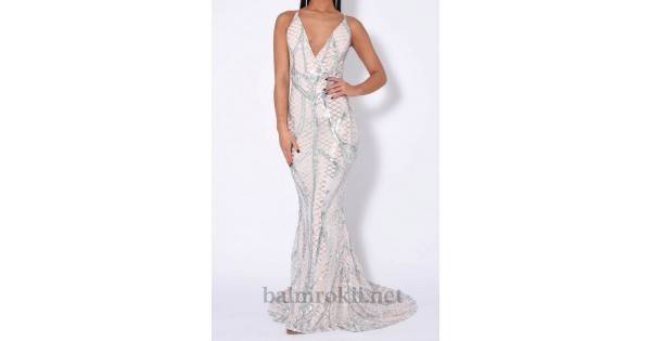 Бална Блестяща Луксозна Сребриста Рокля Русалка Гол Гръб