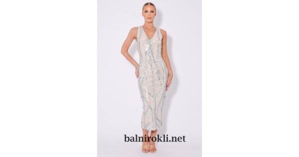 Блестяща Права Сребриста Рокля Пайети Графични Детайли