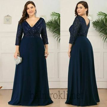 Вечерна Дълга Тъмносиня Рокля Блестящо Бюстие Макси Размери