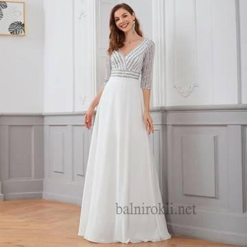 Дълга Официална Рокля Бял Цвят Ръкави Бюстие