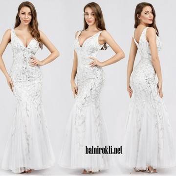 Абитуриентска Блестяща Бяла Рокля Русалка Деколте