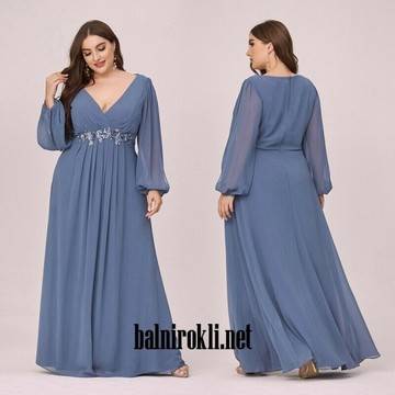 Дълга Официална Синя Рокля Шифон Ръкави Макси Дами