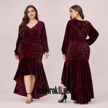 Асиметрична Тъмночервена Рокля Пайети Велур Макси Дами