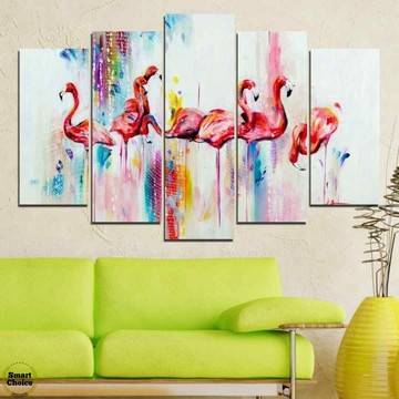 Декоративно пано за стена от 5 части с рисувани Розови фламинго – HD-787