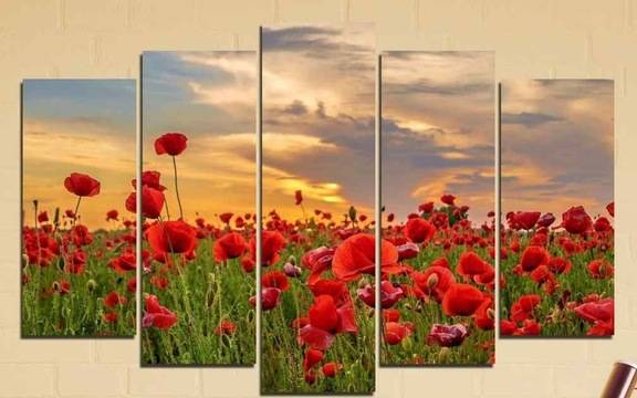 Декоративно пано за стена от 5 части – Поле с макове при залез – HD-970