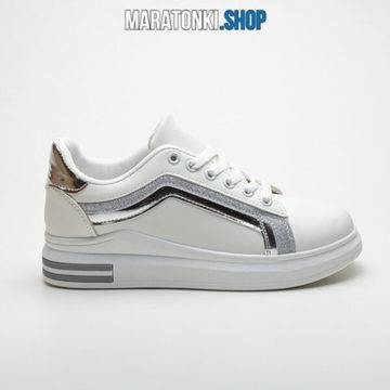 Бели дамски маратонки на платформа със сребърна лента