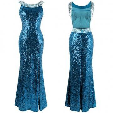 Вечерна Синя Дълга Рокля Кристали