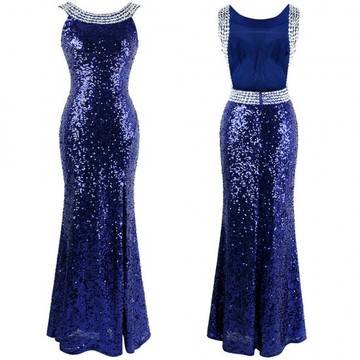 Бална Дълга Тъмносиня Рокля Пайети и Камъни
