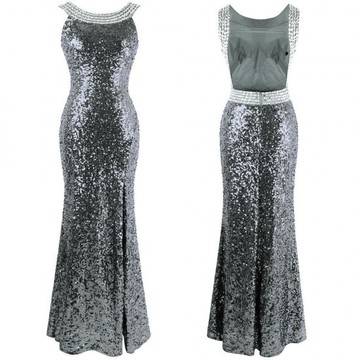 Бална Дълга Сребриста Рокля Цепка