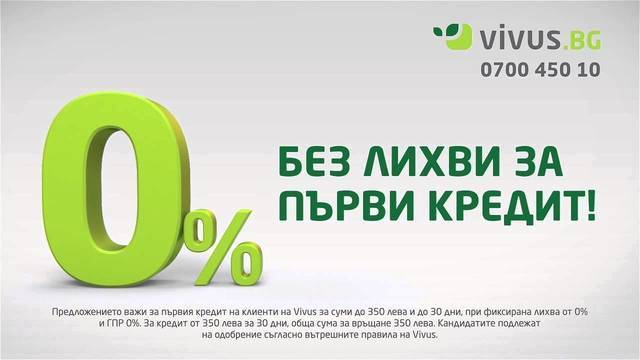 Вивус кредит без лихва до 400 лева за 30 дни!