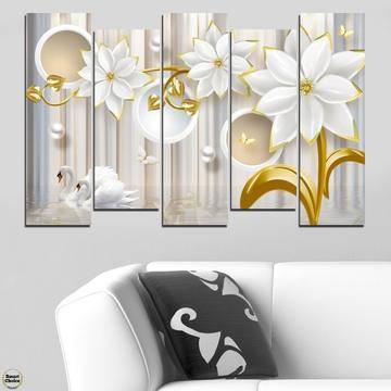Декоративно пано – картина за стена от 5 части – Нежни бели цветя. HD-5051
