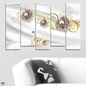Декоративно пано - картина за стена от 5 части - Нежни цветя и лебеди. HD-5052