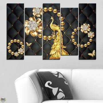 Декоративно пано – картина за стена от 5 части – Златен паун и цветя. HD-5053. Дизайн 1 – Smart Choice