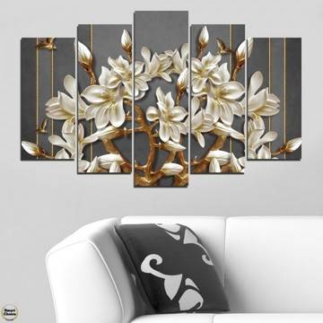 Декоративно пано – картина за стена от 5 части – Бели орхидеи – 3D. HD-5062