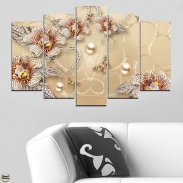 Декоративно пано – картина за стена от 5 части – Цветя сърца и пеперуди. HD-5063