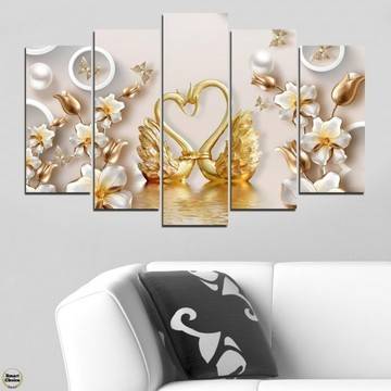 Декоративно пано – картина за стена от 5 части – Двойка златни лебеди. HD-5065
