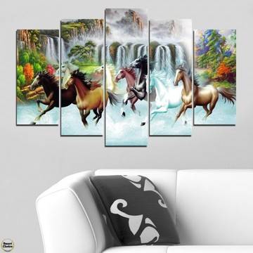 Декоративно пано – картина за стена от 5 части – Стадо препускащи коне. HD-5068